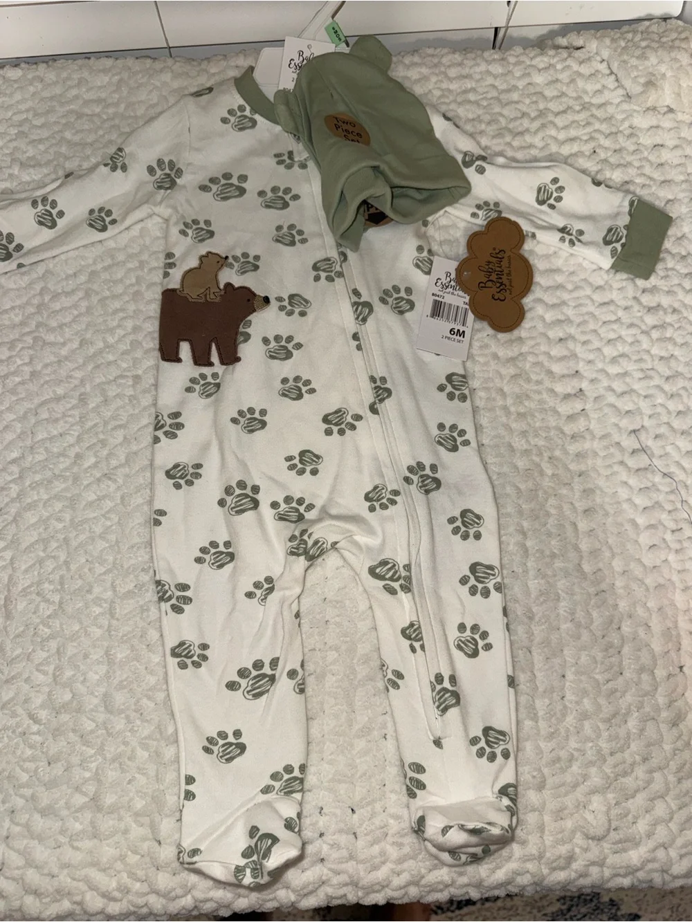 Baby Footed One-Piece with Green Paw Print and Bear Applique